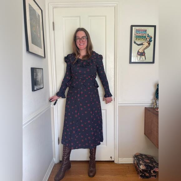 Vintage Dresses & Skirts - 70s Vintage Straberry And Swiss Dot Long Sleeve Prairie Dress with Peplum Waist